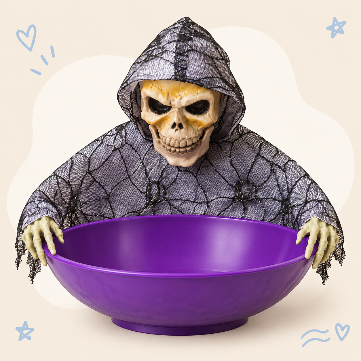 Hooded Skeleton Halloween Candy Bowl | Spooky Tabletop Treat Holder