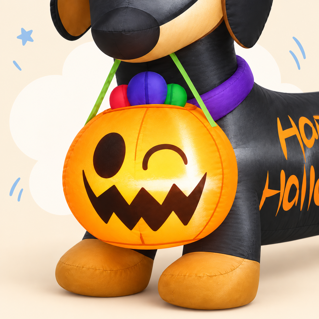 Halloween Dachshund Inflatable with Witch Hat and Pumpkin