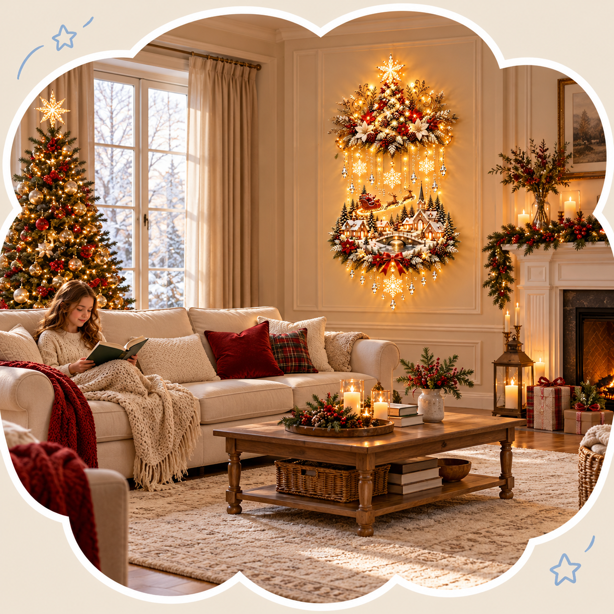 Lighted Christmas Tree and Village Wall Decoration