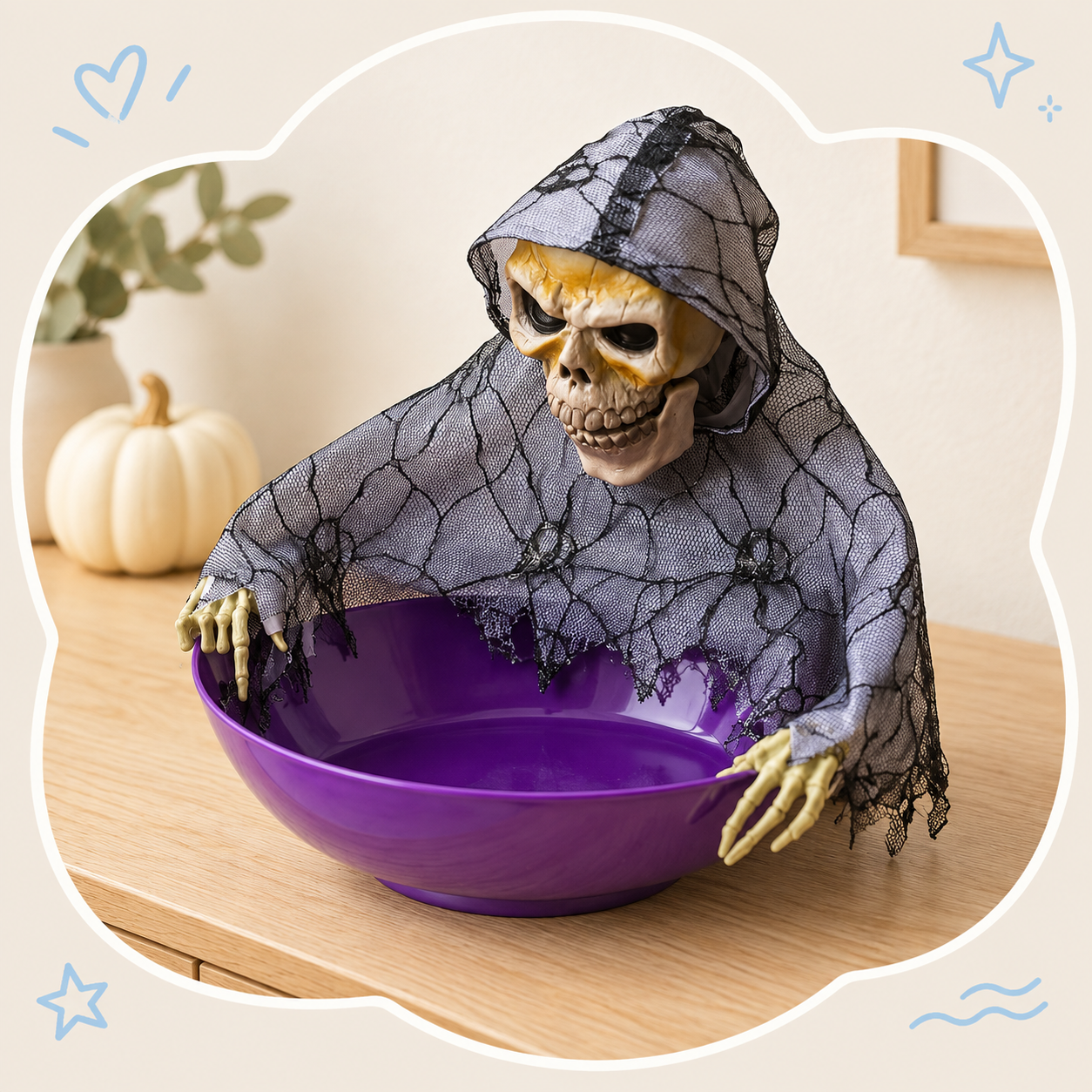 Hooded Skeleton Halloween Candy Bowl | Spooky Tabletop Treat Holder