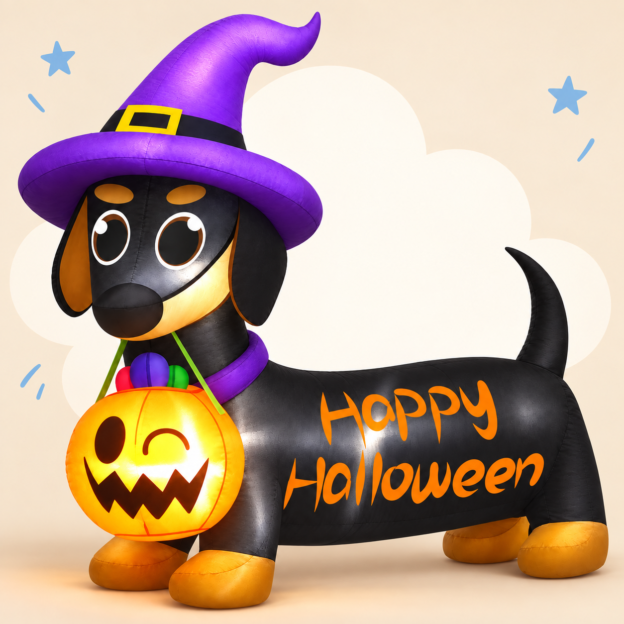 Halloween Dachshund Inflatable with Witch Hat and Pumpkin