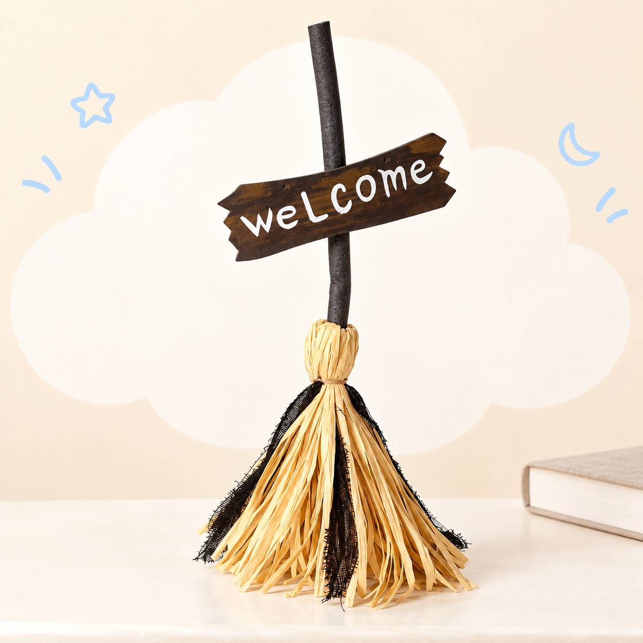 Light-Up Witch Broom with Music and Welcome Sign - 29.5-Inch Halloween Decor