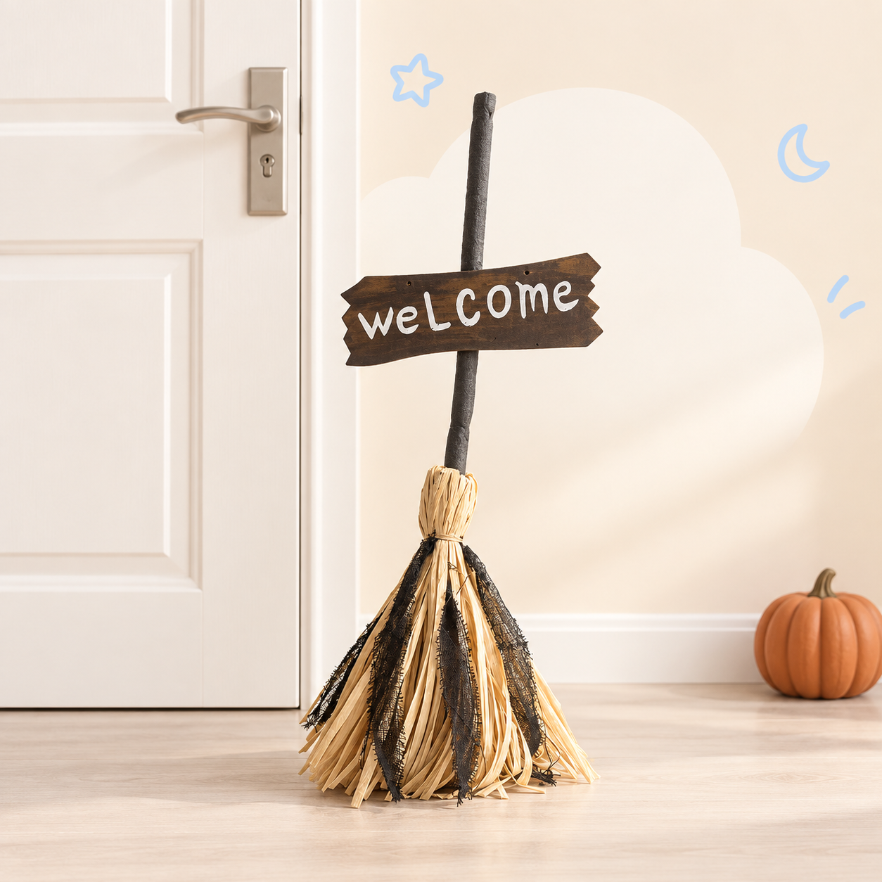Light-Up Witch Broom with Music and Welcome Sign - 29.5-Inch Halloween Decor