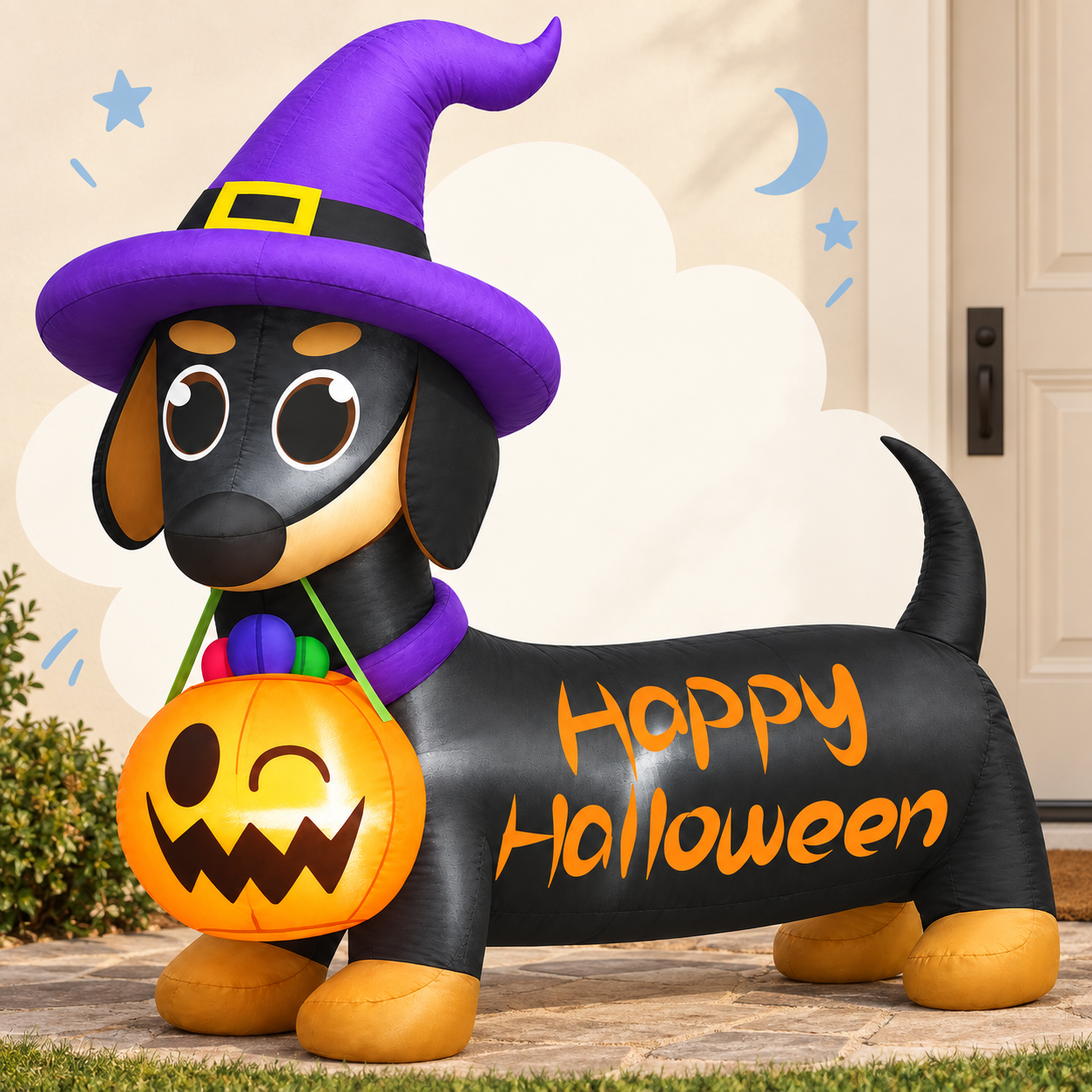 Halloween Dachshund Inflatable with Witch Hat and Pumpkin