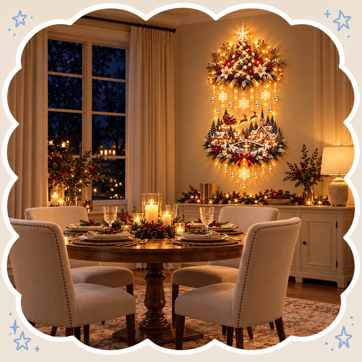 Lighted Christmas Tree and Village Wall Decoration