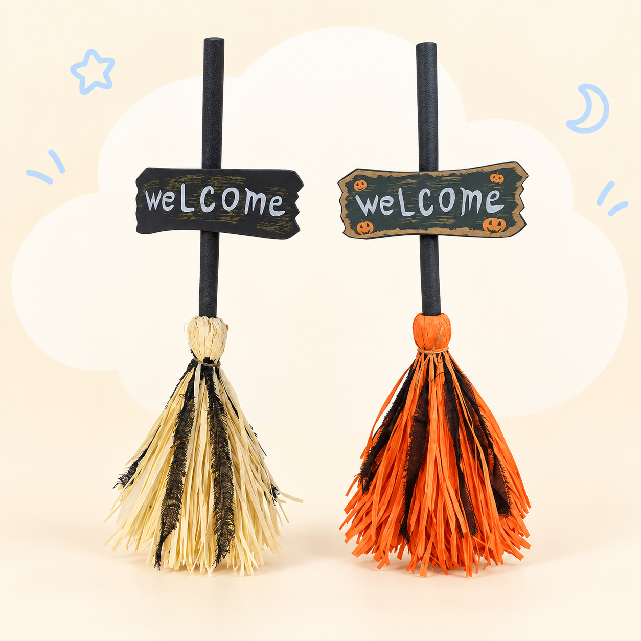 Light-Up Witch Broom with Music and Welcome Sign - 29.5-Inch Halloween Decor