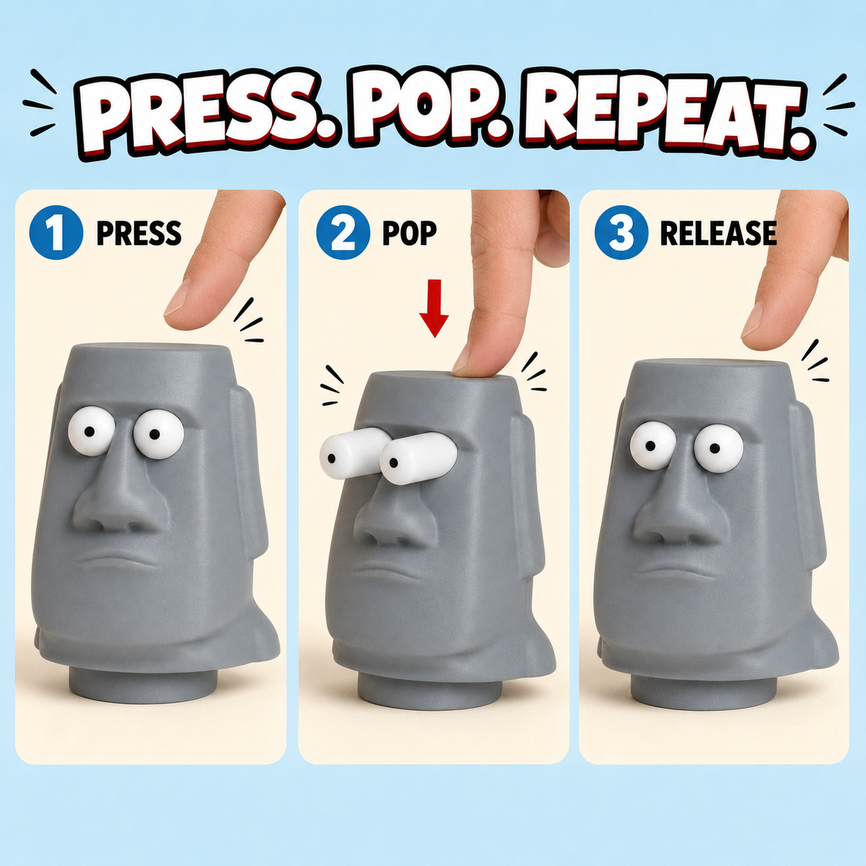 Pop-Eyed Moai Press Toy – 3D Printed Funny Desk Fidget