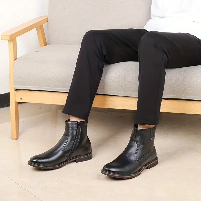 mens fuzz lined high top boots wear resistant anti skid side zippered boots with pu leather uppers for outdoor autumn and winter details 2