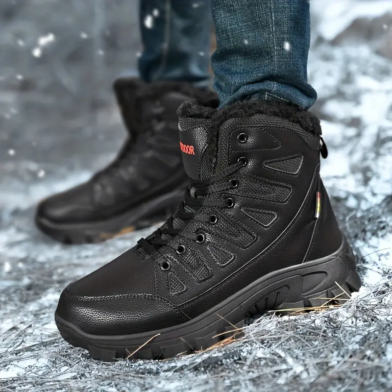mens solid ankle boots with warm plush lining comfy non slip casual lace up shoes for mens winter outdoor activities details 10