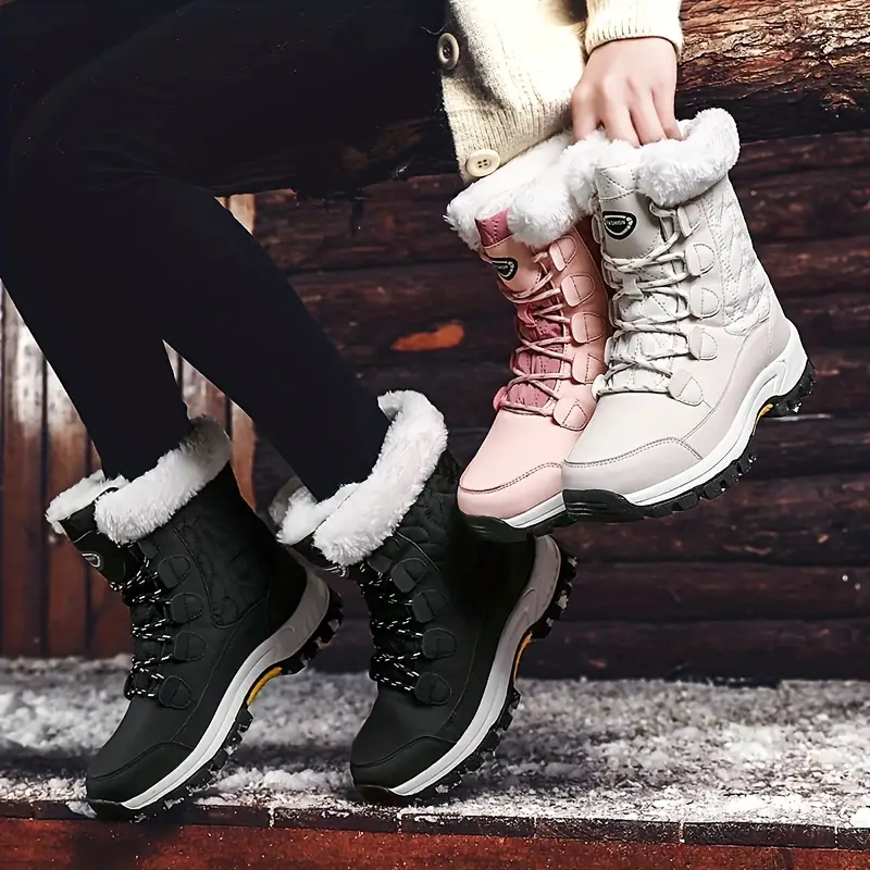 womens round toe outdoor snow boots lace up winter fleece lined thermal mid calf boots comfy outdoor walking shoes details 0