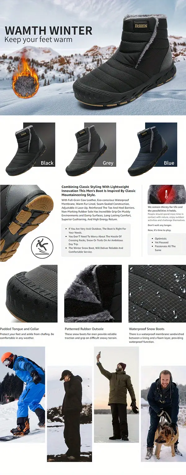 mens winter snow boots slip on outdoor water resistant boot with hook and loop fastener warm faux fur lined casual ankle shoes details 0