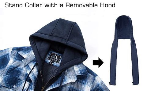 Men's Flannel Shirt Jacket with Removable Hood 5 Pockets Plaid Quilted Lined Winter Coats Thick Hoodie Outwear