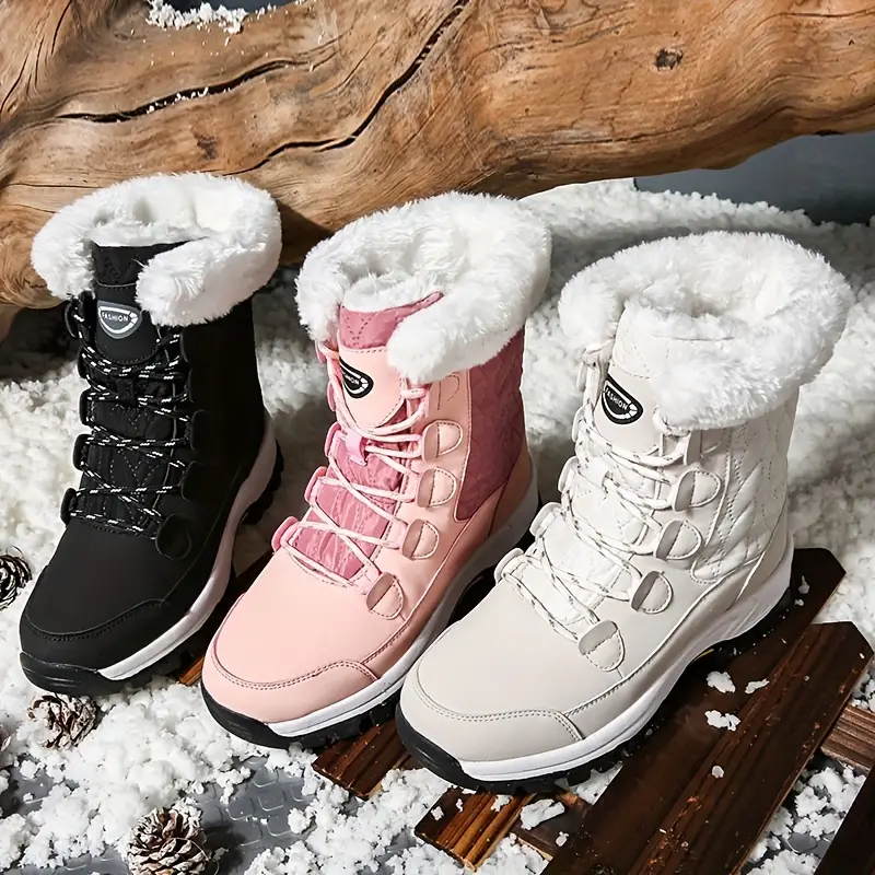 womens round toe outdoor snow boots lace up winter fleece lined thermal mid calf boots comfy outdoor walking shoes details 1