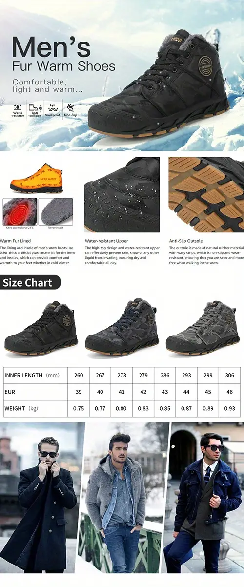 mens snow boots winter thermal shoes windproof hiking boots with fuzzy lining details 5