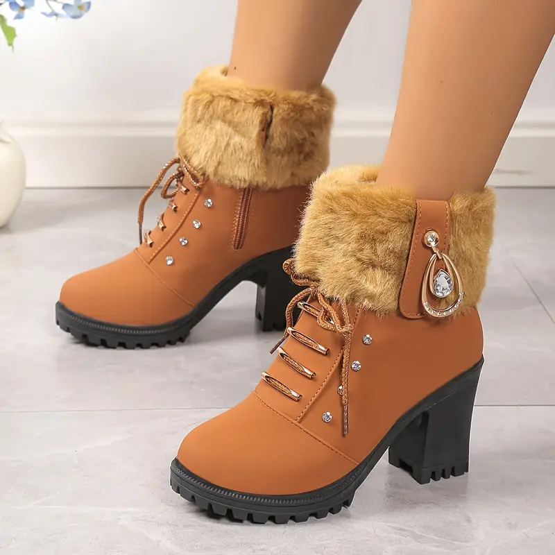 womens plush heeled ankle boots rhinestone decor side zipper thermal chunky heels fashion fluffy short boots 35 light brown 11