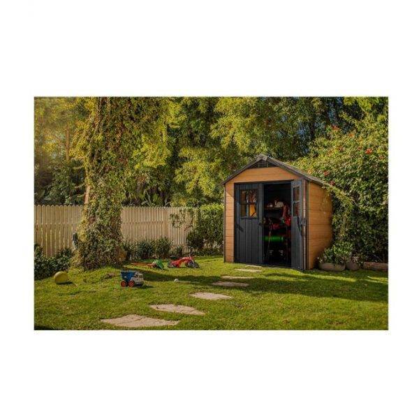 7.5 7 Large Resin Outdoor Storage Shed Kit C Perfect to Store Patio Furniture, Garden Tools, Bike Accessories, and Lawn Mower, Mahogany Brown