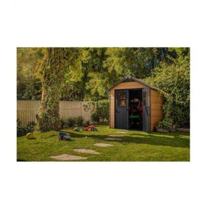 7.5 7 Large Resin Outdoor Storage Shed Kit C Perfect to Store Patio Furniture, Garden Tools, Bike Accessories, and Lawn Mower, Mahogany Brown