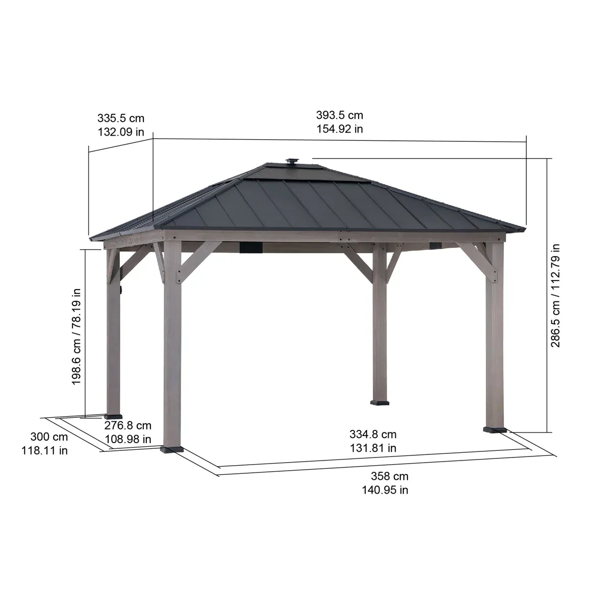 Sunjoy 11 x 13 Grayden Wood Gazebo , Outdoor Patio Solar Powered Hardtop Gazebo with One-Tier Metal Roof, LED Light and Ceiling Hook