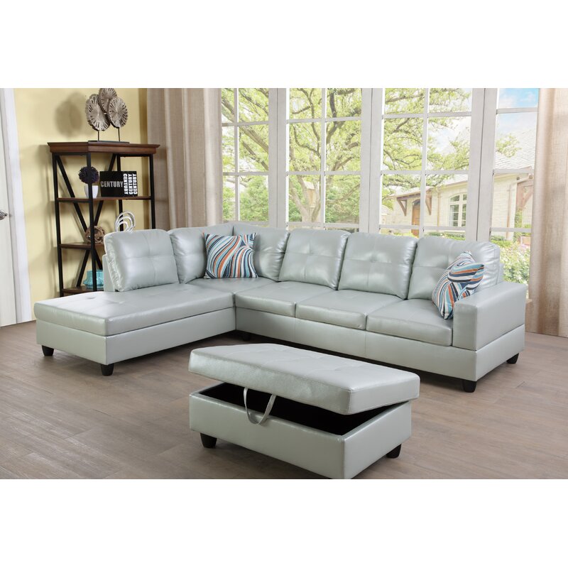 Wilhelmine 103.5′ Wide Faux Leather Sofa & Chaise With Ottoman