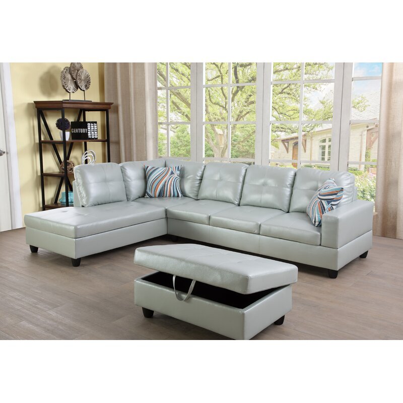 Wilhelmine 103.5′ Wide Faux Leather Sofa & Chaise With Ottoman