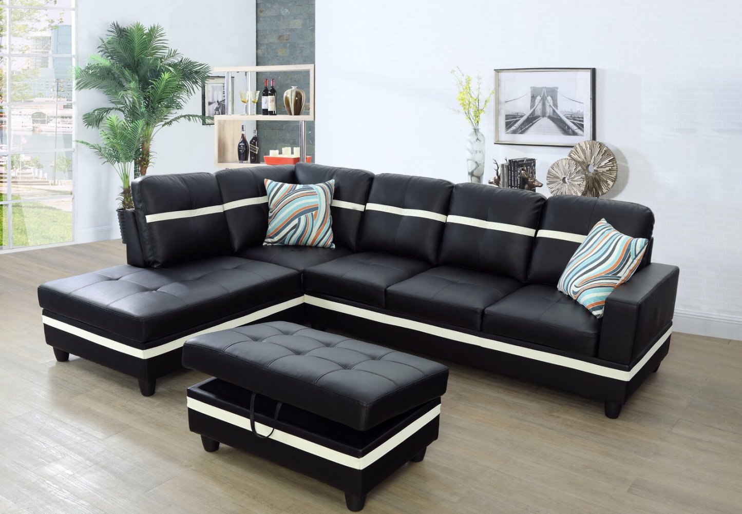 Wilhelmine 103.5′ Wide Faux Leather Sofa & Chaise With Ottoman