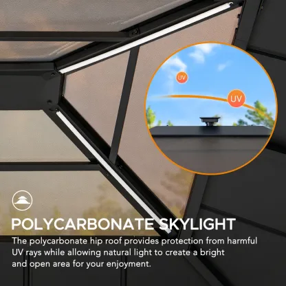 Sunjoy 11 x 13 Grayden Wood Gazebo , Outdoor Patio Solar Powered Hardtop Gazebo with One-Tier Metal Roof, LED Light and Ceiling Hook