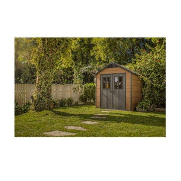 7.5 7 Large Resin Outdoor Storage Shed Kit C Perfect to Store Patio Furniture, Garden Tools, Bike Accessories, and Lawn Mower, Mahogany Brown