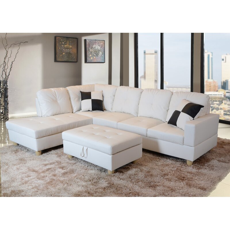 Wilhelmine 103.5′ Wide Faux Leather Sofa & Chaise With Ottoman