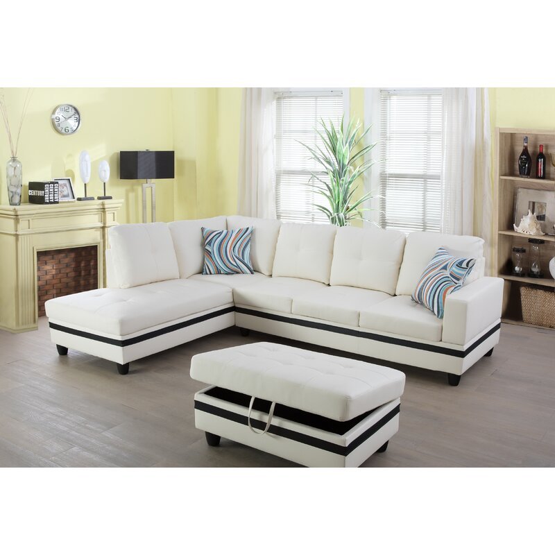 Wilhelmine 103.5′ Wide Faux Leather Sofa & Chaise With Ottoman