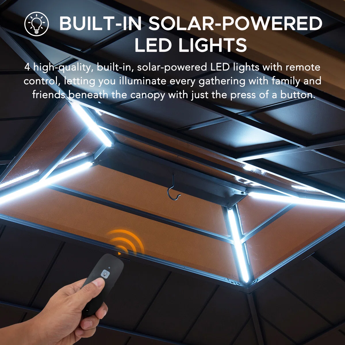 Sunjoy 11 x 13 Grayden Wood Gazebo , Outdoor Patio Solar Powered Hardtop Gazebo with One-Tier Metal Roof, LED Light and Ceiling Hook