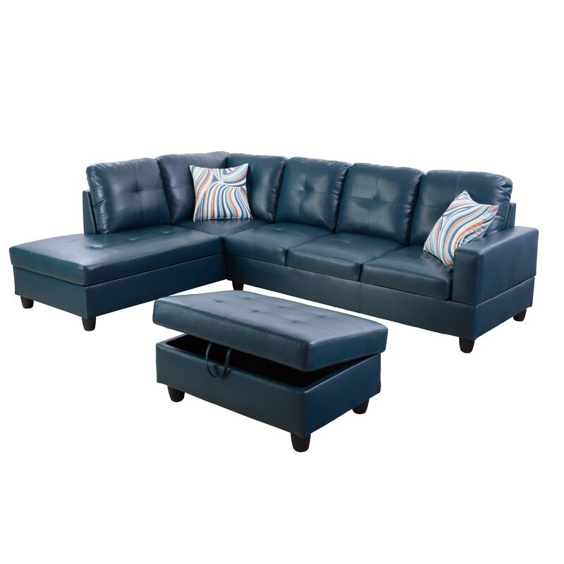 Wilhelmine 103.5′ Wide Faux Leather Sofa & Chaise With Ottoman