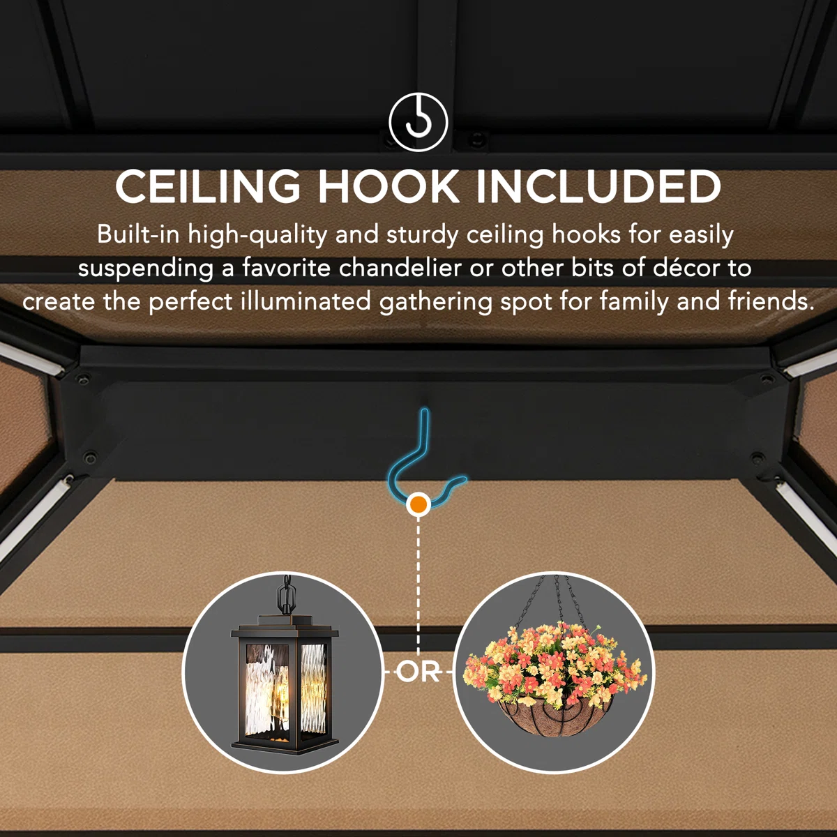 Sunjoy 11 x 13 Grayden Wood Gazebo , Outdoor Patio Solar Powered Hardtop Gazebo with One-Tier Metal Roof, LED Light and Ceiling Hook