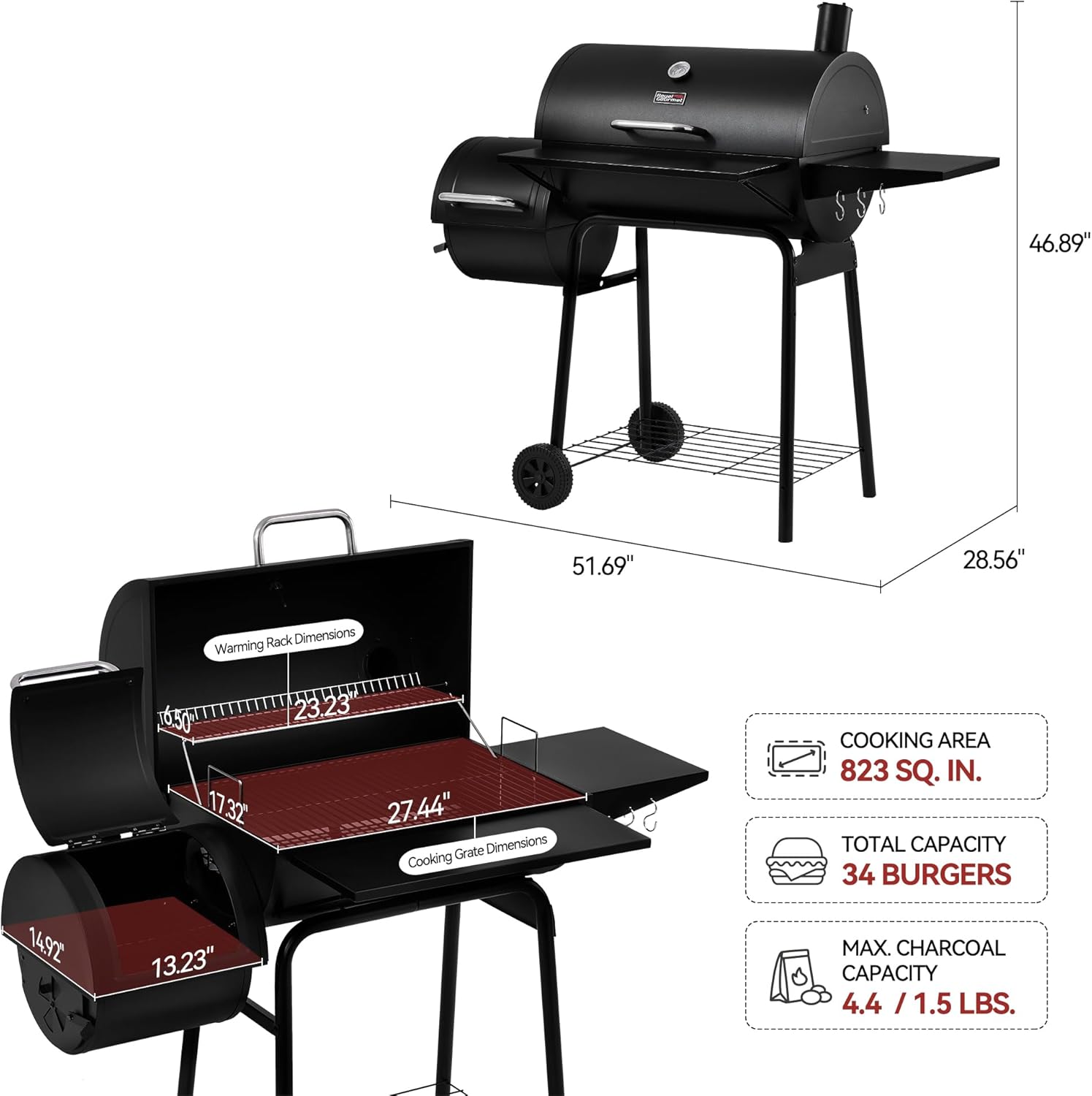 Royal Gourmet CC1830S BBQ Charcoal Grill and Offset Smoker | 823 Square Inch cooking surface