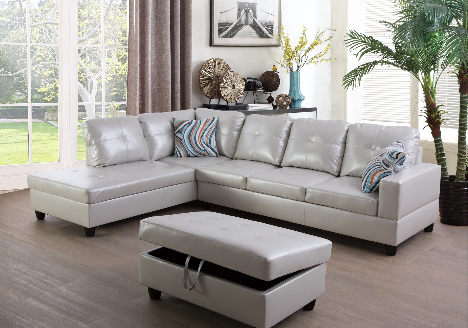 Wilhelmine 103.5′ Wide Faux Leather Sofa & Chaise With Ottoman