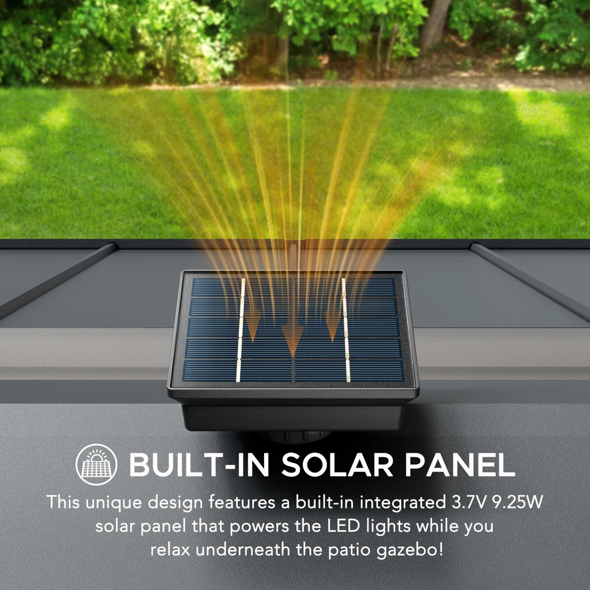 Sunjoy 11 x 13 Grayden Wood Gazebo , Outdoor Patio Solar Powered Hardtop Gazebo with One-Tier Metal Roof, LED Light and Ceiling Hook