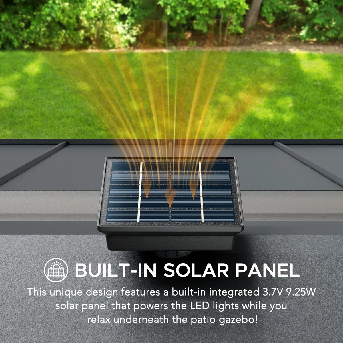 Sunjoy 11 x 13 Grayden Wood Gazebo , Outdoor Patio Solar Powered Hardtop Gazebo with One-Tier Metal Roof, LED Light and Ceiling Hook