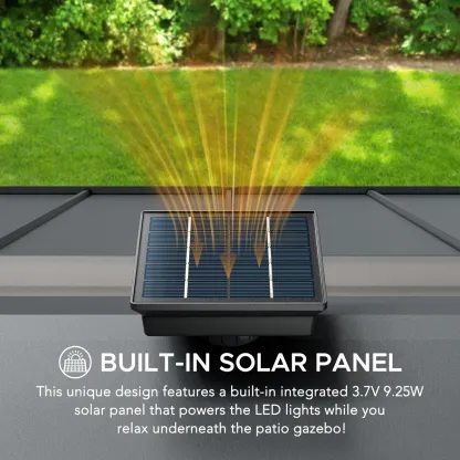 Sunjoy 11 x 13 Grayden Wood Gazebo , Outdoor Patio Solar Powered Hardtop Gazebo with One-Tier Metal Roof, LED Light and Ceiling Hook