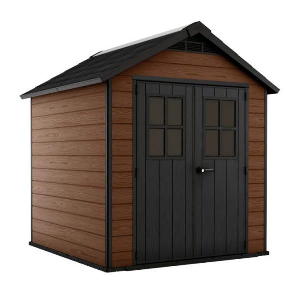 7.5 7 Large Resin Outdoor Storage Shed Kit C Perfect to Store Patio Furniture, Garden Tools, Bike Accessories, and Lawn Mower, Mahogany Brown