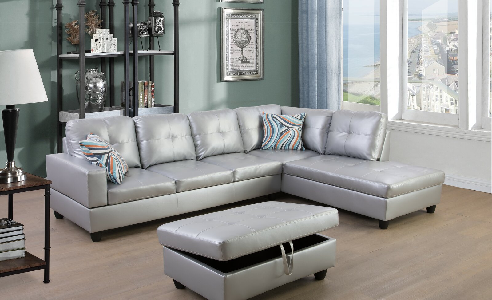 Wilhelmine 103.5′ Wide Faux Leather Sofa & Chaise With Ottoman