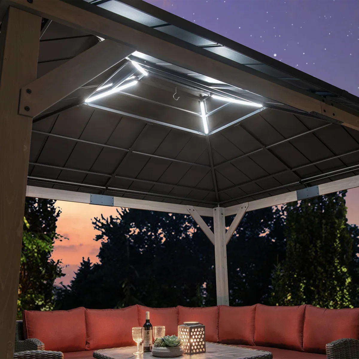 Sunjoy 11 x 13 Grayden Wood Gazebo , Outdoor Patio Solar Powered Hardtop Gazebo with One-Tier Metal Roof, LED Light and Ceiling Hook