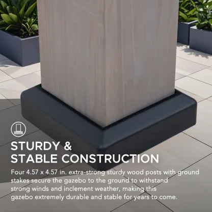 Sunjoy 11 x 13 Grayden Wood Gazebo , Outdoor Patio Solar Powered Hardtop Gazebo with One-Tier Metal Roof, LED Light and Ceiling Hook