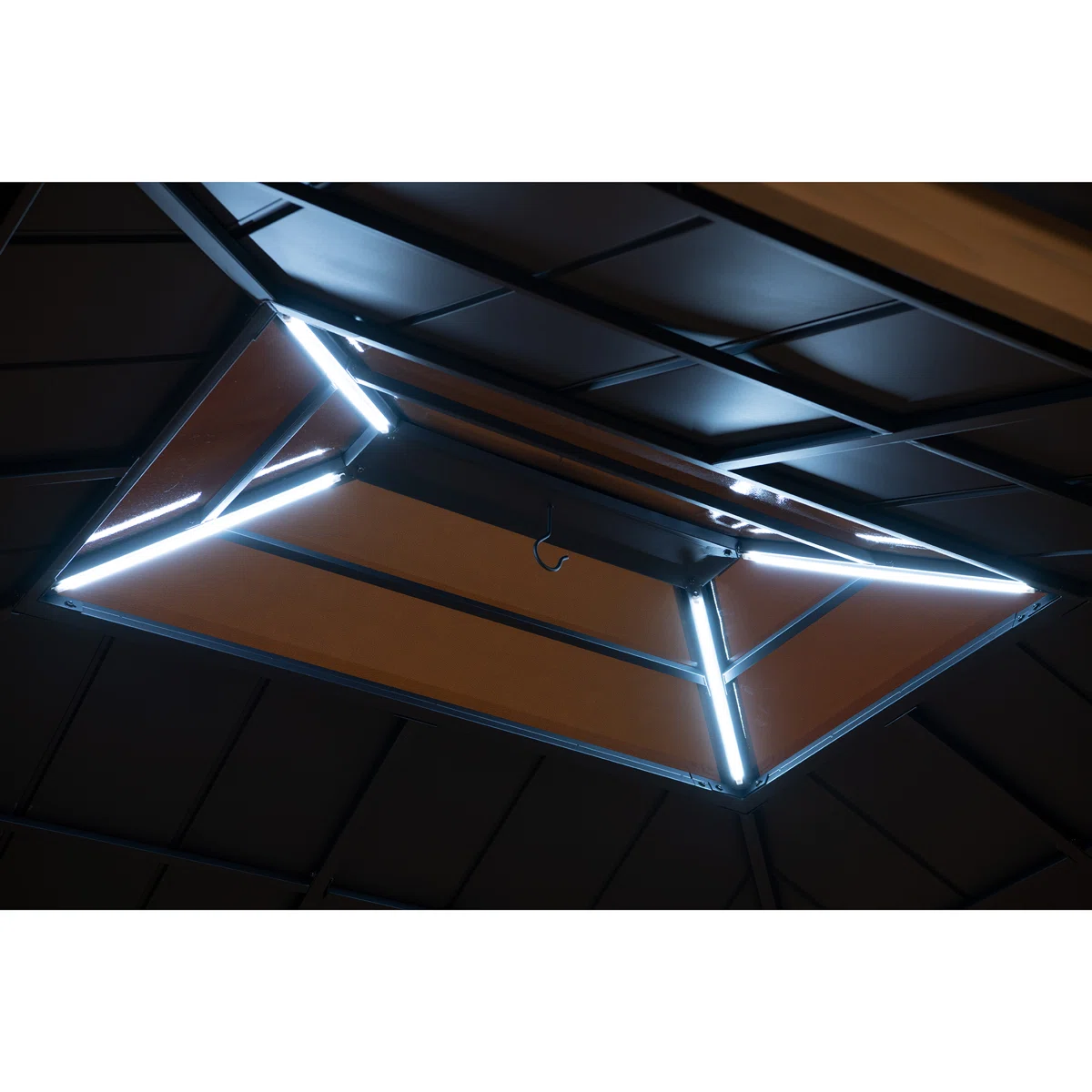 Sunjoy 11 x 13 Grayden Wood Gazebo , Outdoor Patio Solar Powered Hardtop Gazebo with One-Tier Metal Roof, LED Light and Ceiling Hook