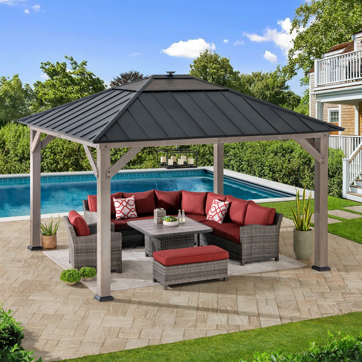 Sunjoy 11 x 13 Grayden Wood Gazebo , Outdoor Patio Solar Powered Hardtop Gazebo with One-Tier Metal Roof, LED Light and Ceiling Hook