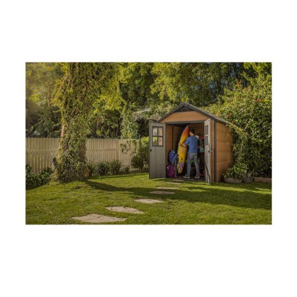 7.5 7 Large Resin Outdoor Storage Shed Kit C Perfect to Store Patio Furniture, Garden Tools, Bike Accessories, and Lawn Mower, Mahogany Brown
