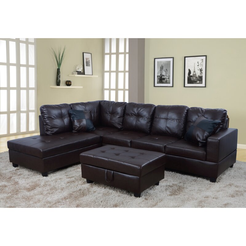 Wilhelmine 103.5′ Wide Faux Leather Sofa & Chaise With Ottoman