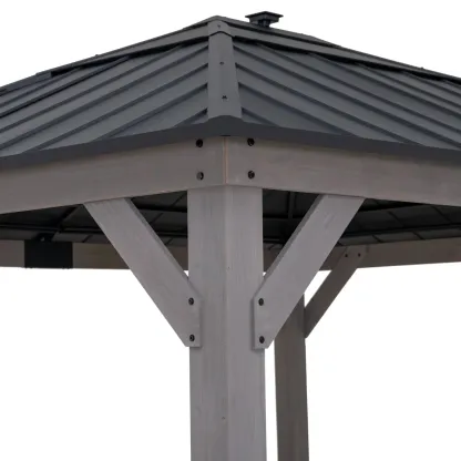Sunjoy 11 x 13 Grayden Wood Gazebo , Outdoor Patio Solar Powered Hardtop Gazebo with One-Tier Metal Roof, LED Light and Ceiling Hook