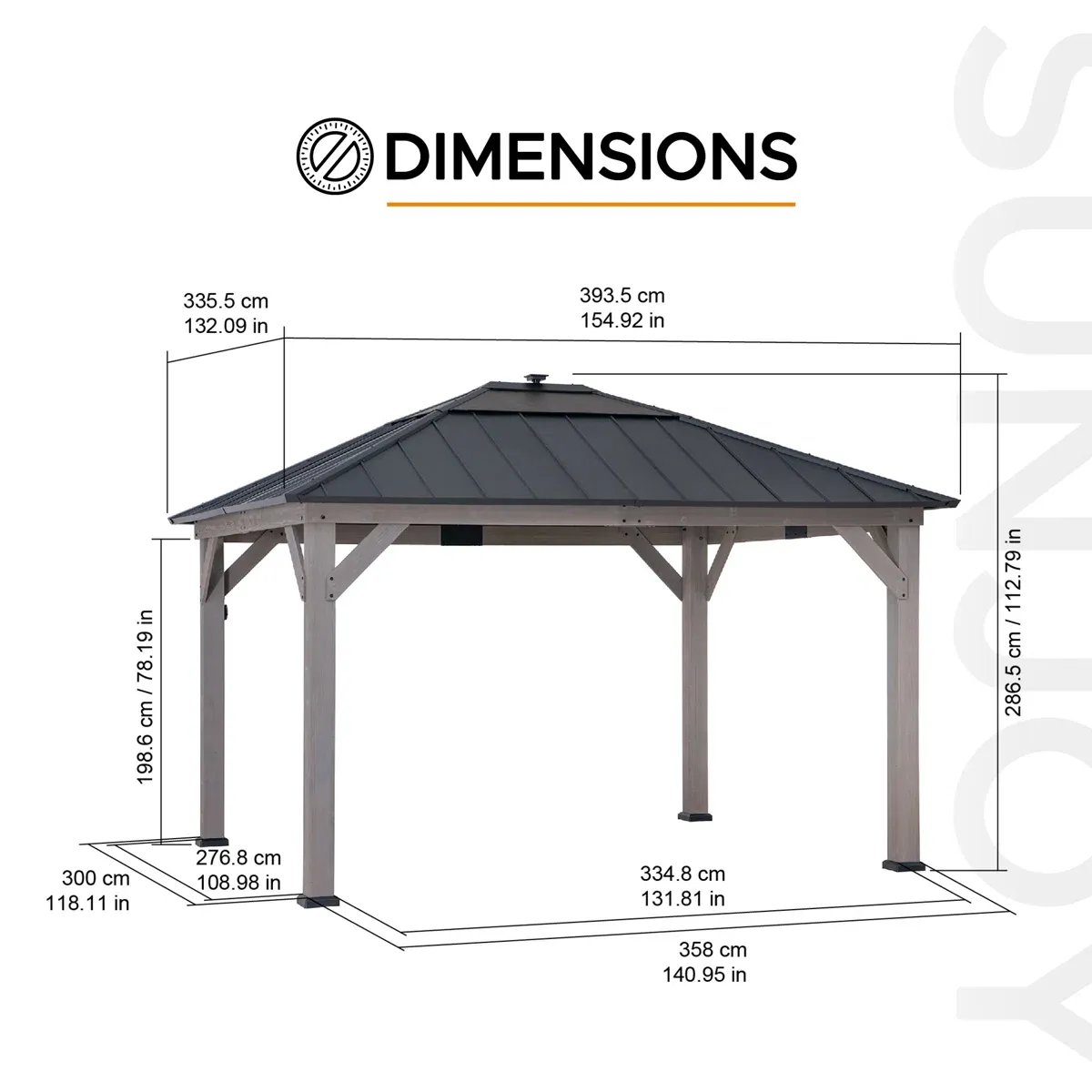 Sunjoy 11 x 13 Grayden Wood Gazebo , Outdoor Patio Solar Powered Hardtop Gazebo with One-Tier Metal Roof, LED Light and Ceiling Hook