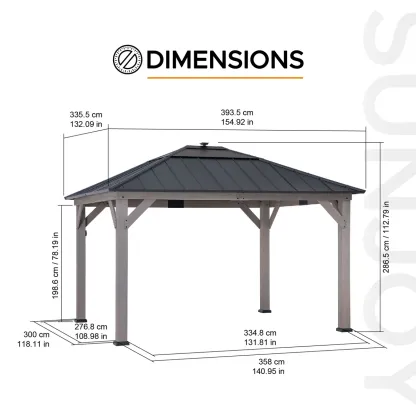 Sunjoy 11 x 13 Grayden Wood Gazebo , Outdoor Patio Solar Powered Hardtop Gazebo with One-Tier Metal Roof, LED Light and Ceiling Hook