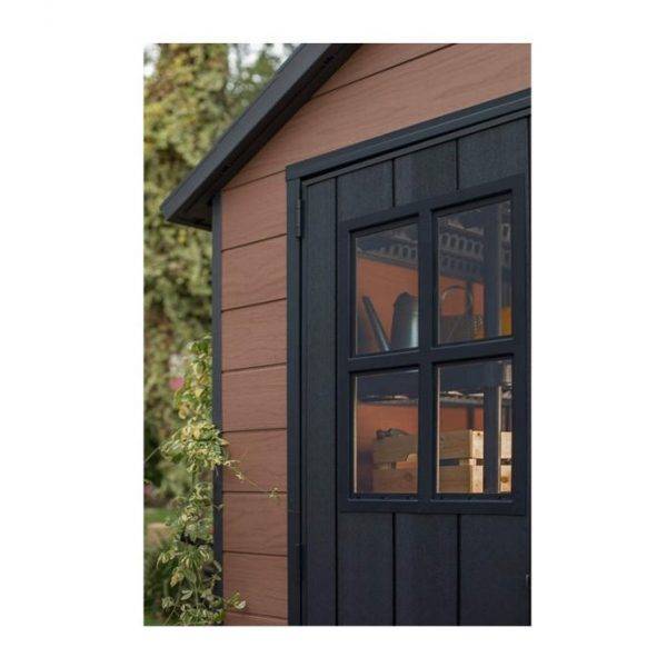7.5 7 Large Resin Outdoor Storage Shed Kit C Perfect to Store Patio Furniture, Garden Tools, Bike Accessories, and Lawn Mower, Mahogany Brown