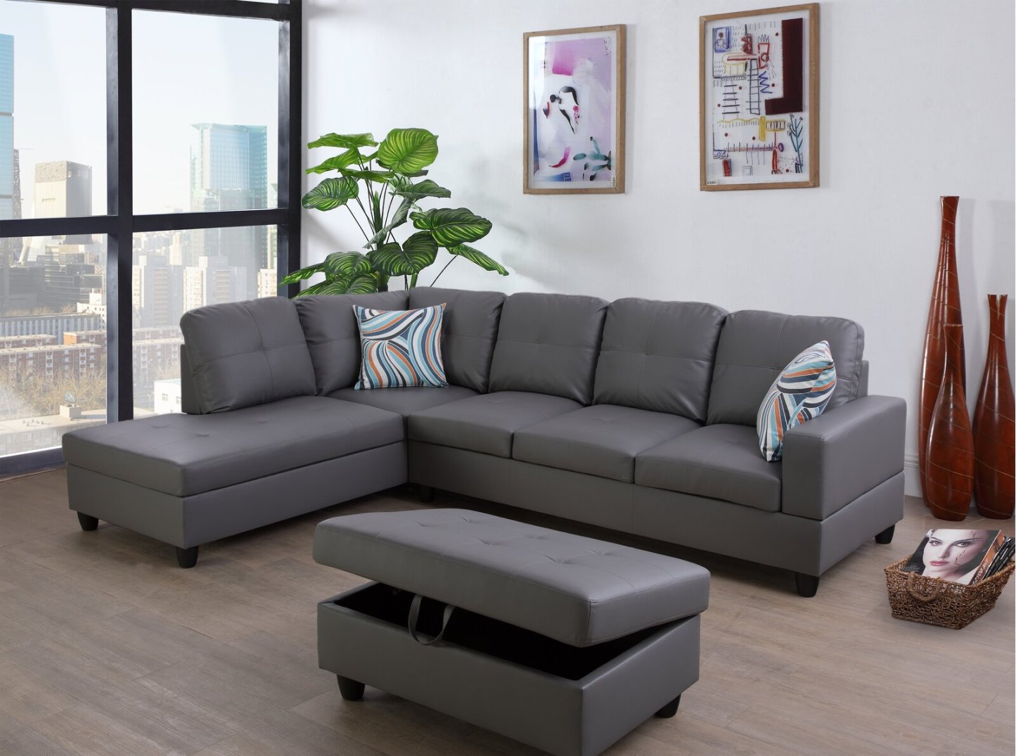 Wilhelmine 103.5′ Wide Faux Leather Sofa & Chaise With Ottoman